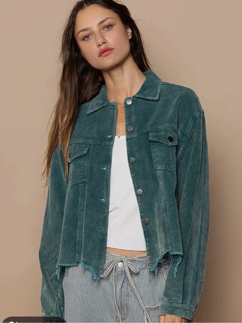 POL Teal Corduroy Button-Front Jacket with Frayed Hem